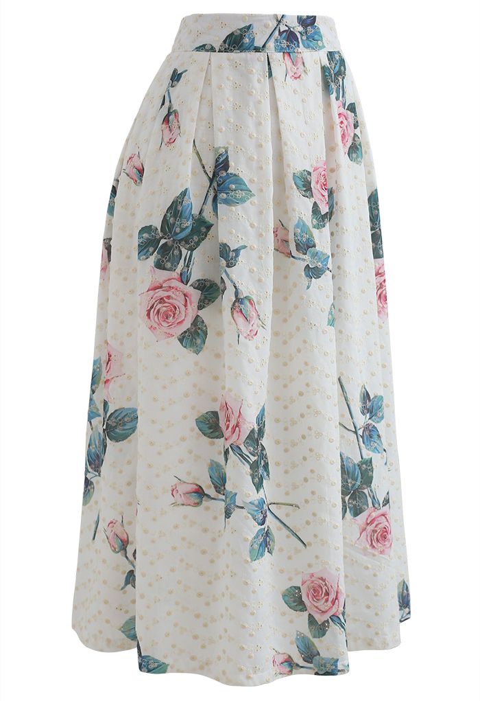 Rose Print Eyelet Embroidered Pleated Midi Skirt