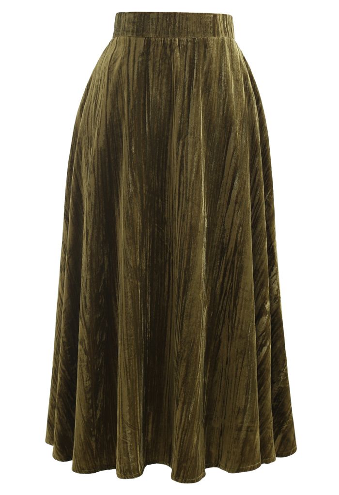 Velvet Flare Hem Midi Skirt in Moss Green
