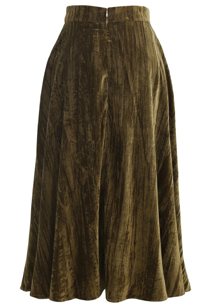 Velvet Flare Hem Midi Skirt in Moss Green