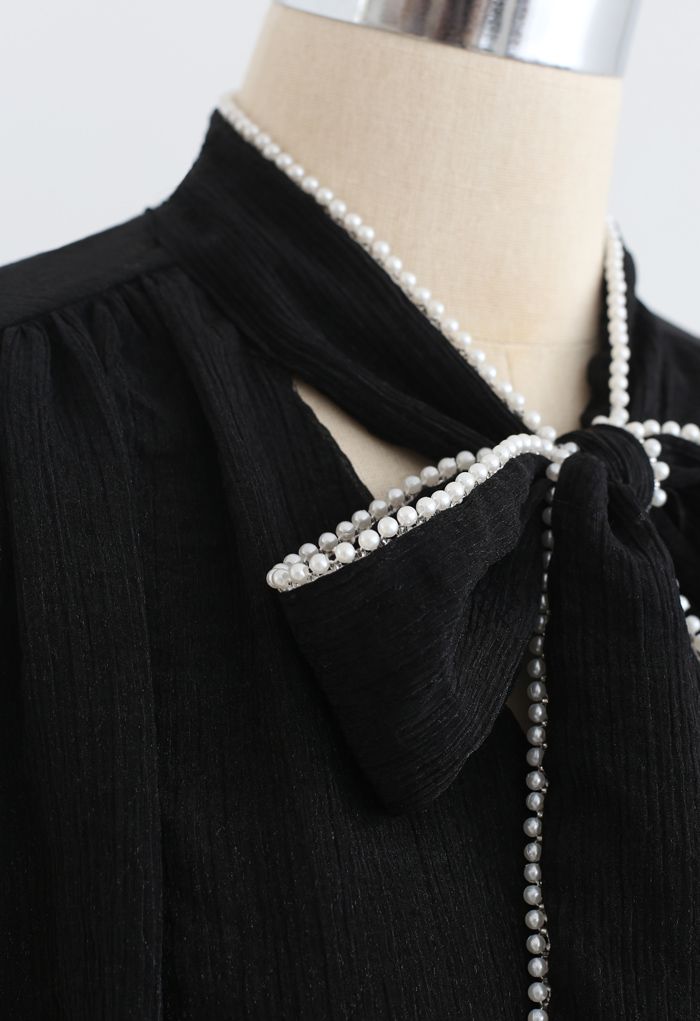 Bowknot Pearl Trim Semi-Sheer Shirt in Black