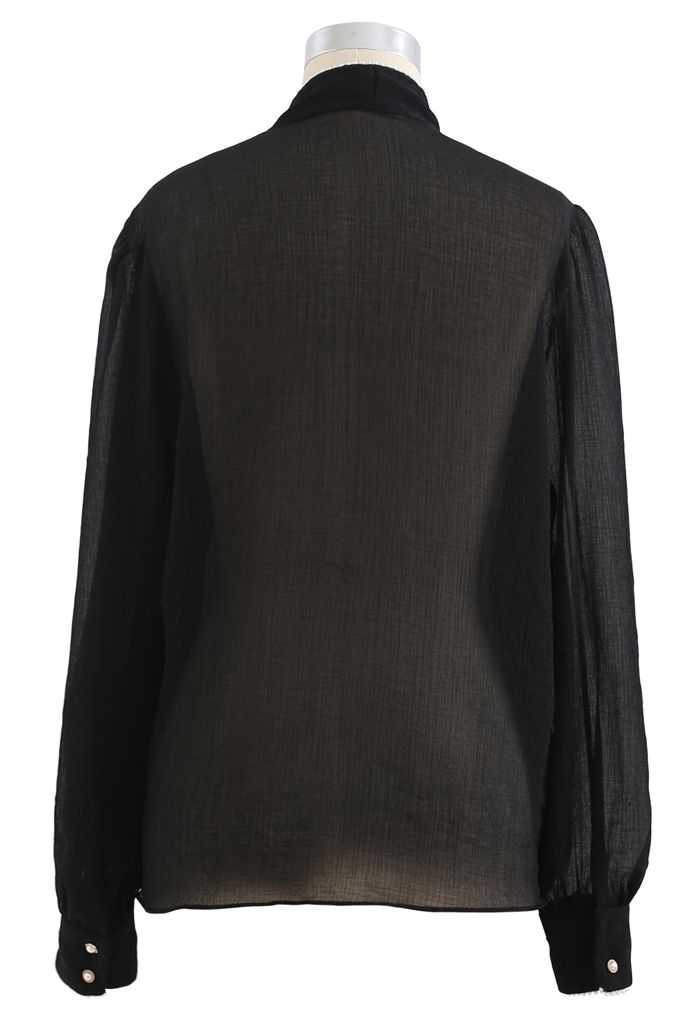 Bowknot Pearl Trim Semi-Sheer Shirt in Black