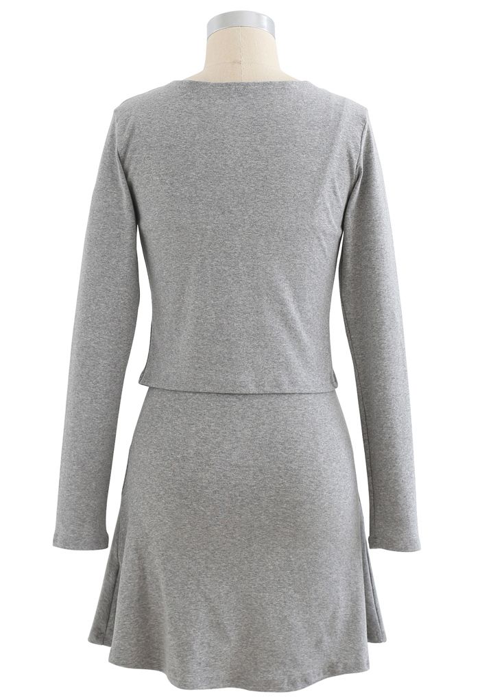 Cotton Blend V-Neck Button Twinset Dress in Grey