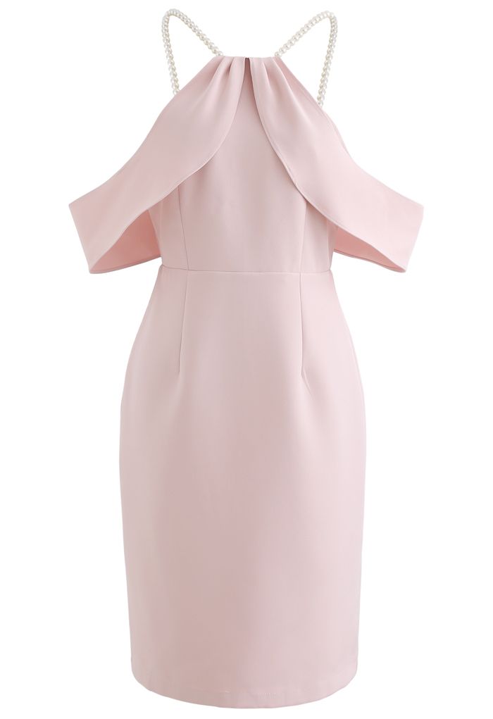 Pearl Strap Cold-Shoulder Shift Dress in Pink