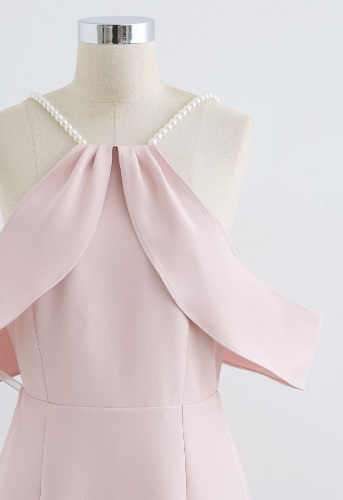 Pearl Strap Cold-Shoulder Shift Dress in Pink