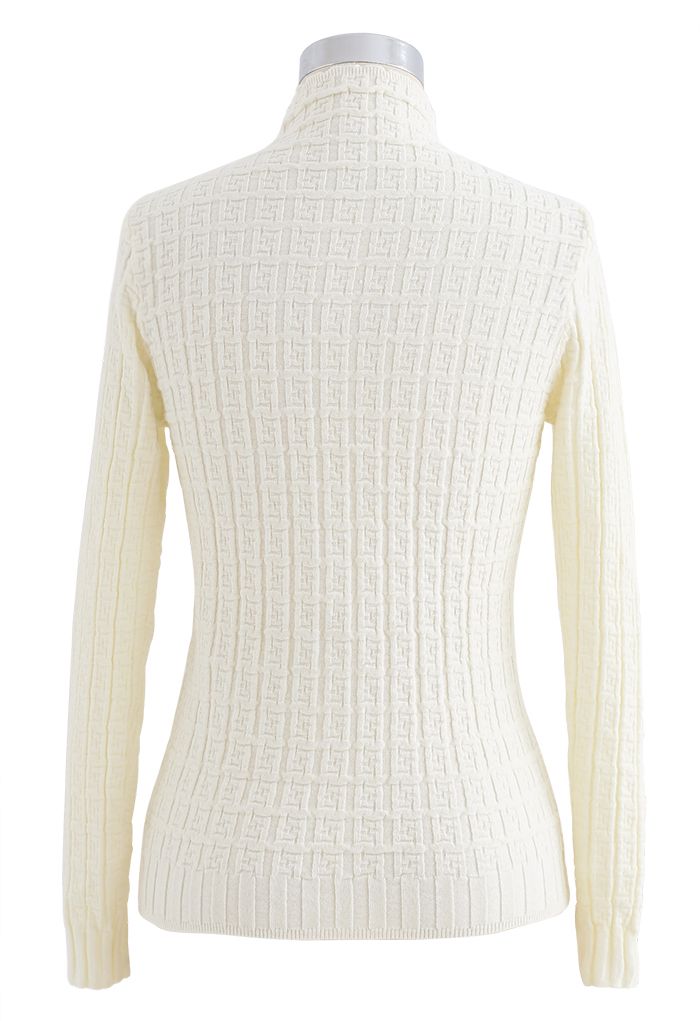 Maze Embossed High Neck Fitted Knit Top in Cream