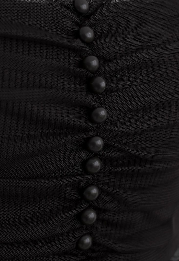 Square Neck Shirred Tulle Mesh Rib Knit Dress in Black
