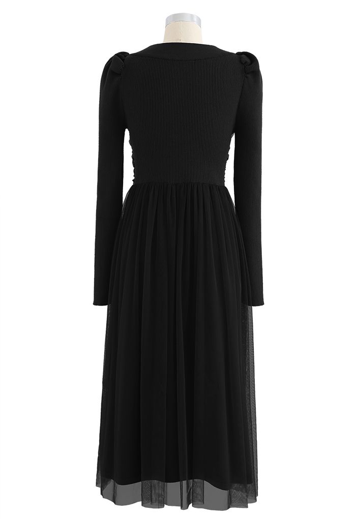 Square Neck Shirred Tulle Mesh Rib Knit Dress in Black