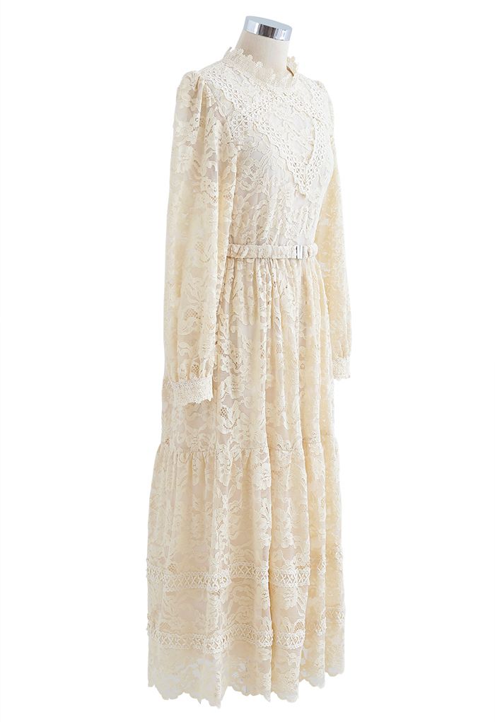 Belted Full Lace Frilling Dress in Cream - Retro, Indie and Unique Fashion