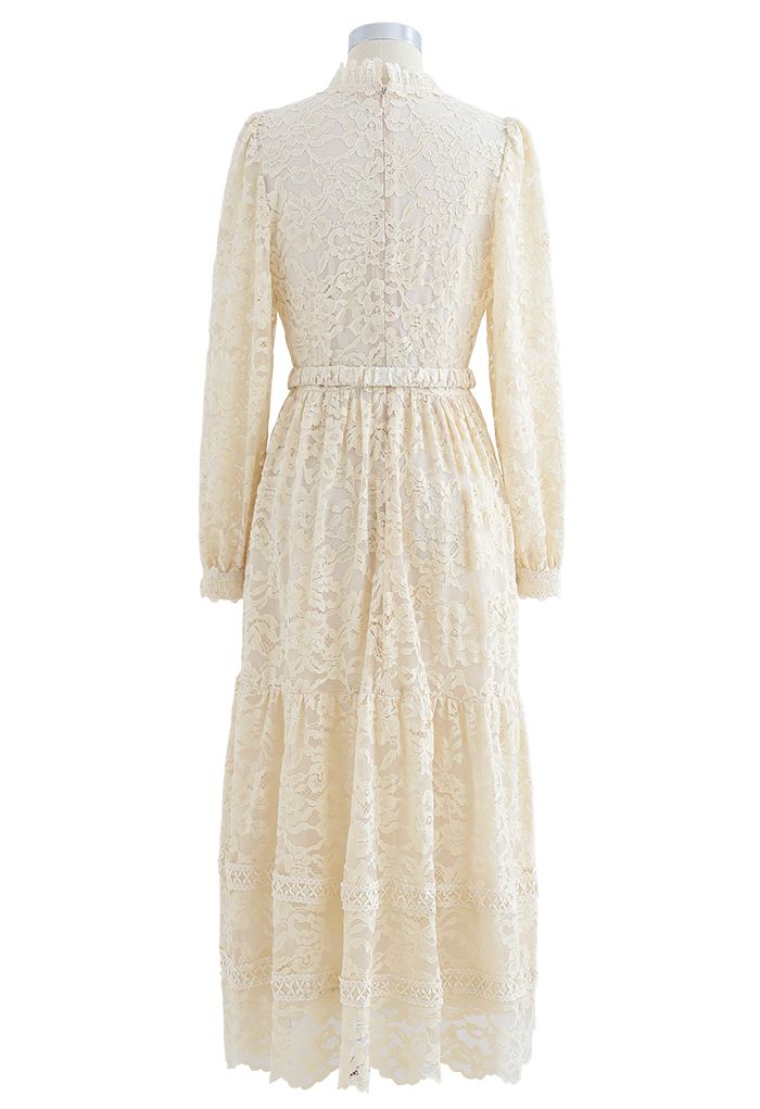Belted Full Lace Frilling Dress in Cream - Retro, Indie and Unique Fashion
