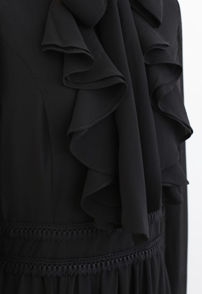 Scarf Neck Ruffle Asymmetric Maxi Dress in Black