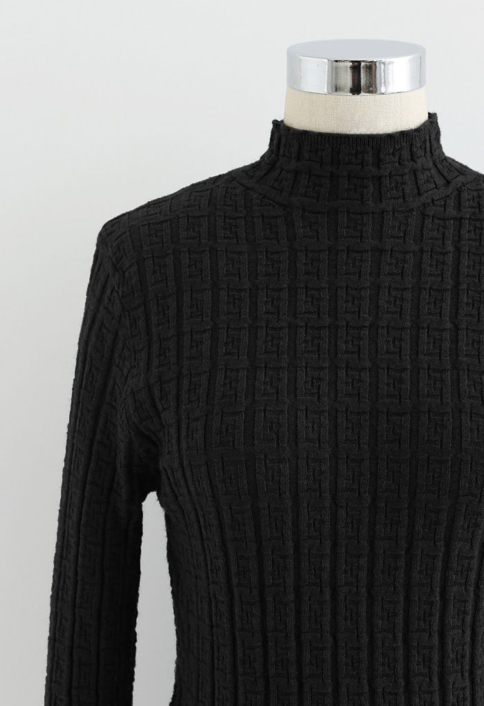 Maze Embossed High Neck Fitted Knit Top in Black