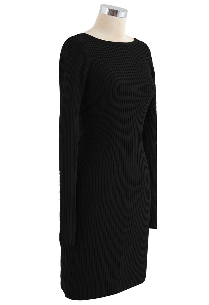 Twist Back Ribbed Bodycon Knit Dress in Black