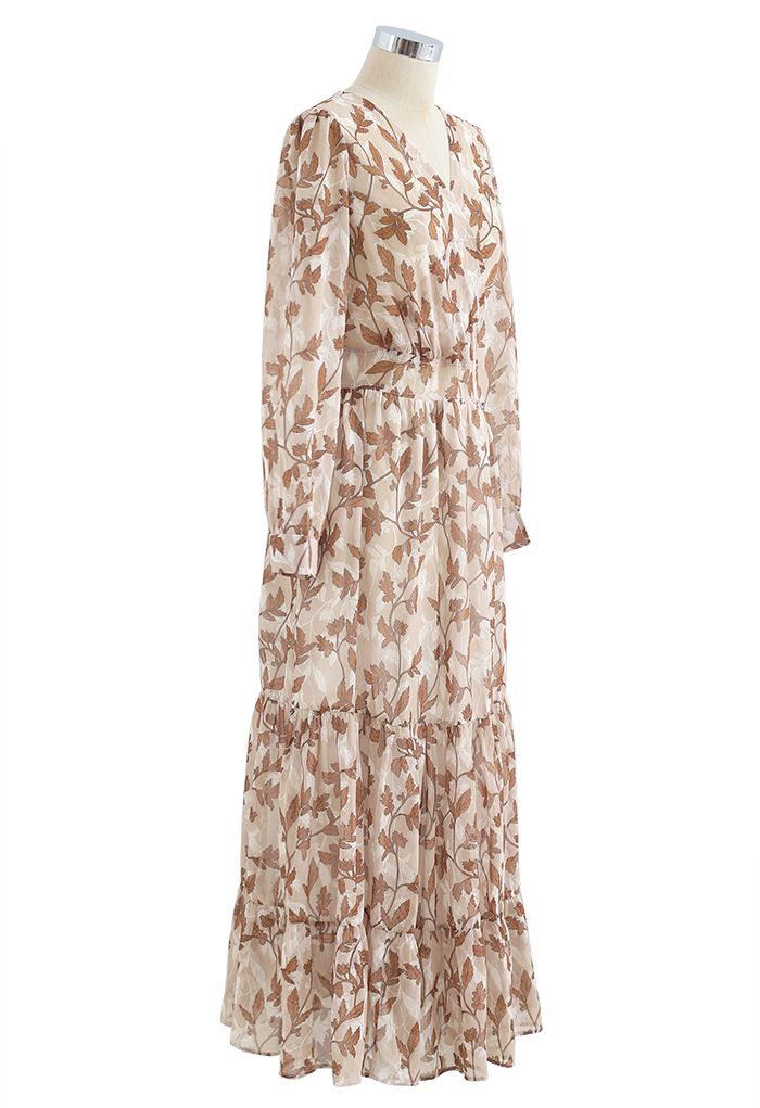 Fall Leaves Printed Wrapped Maxi Dress