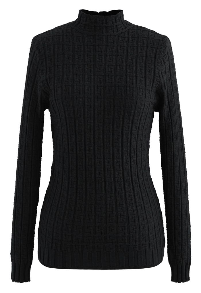 Maze Embossed High Neck Fitted Knit Top in Black