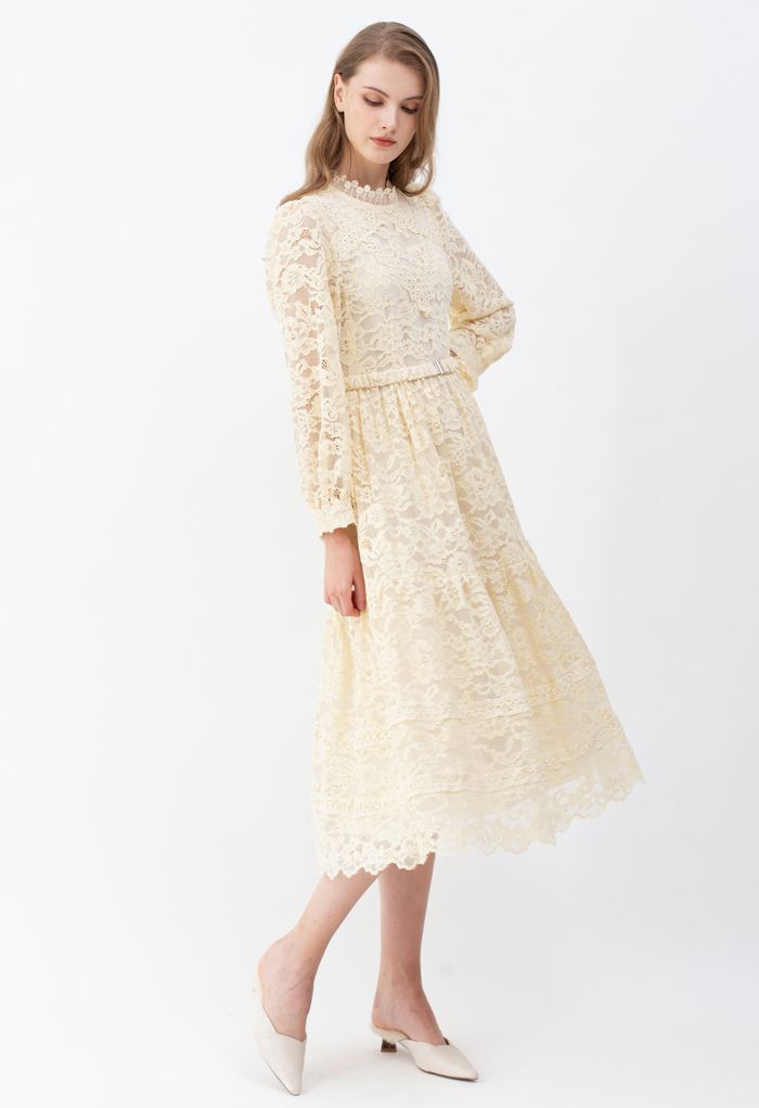Belted Full Lace Frilling Dress in Cream - Retro, Indie and Unique Fashion
