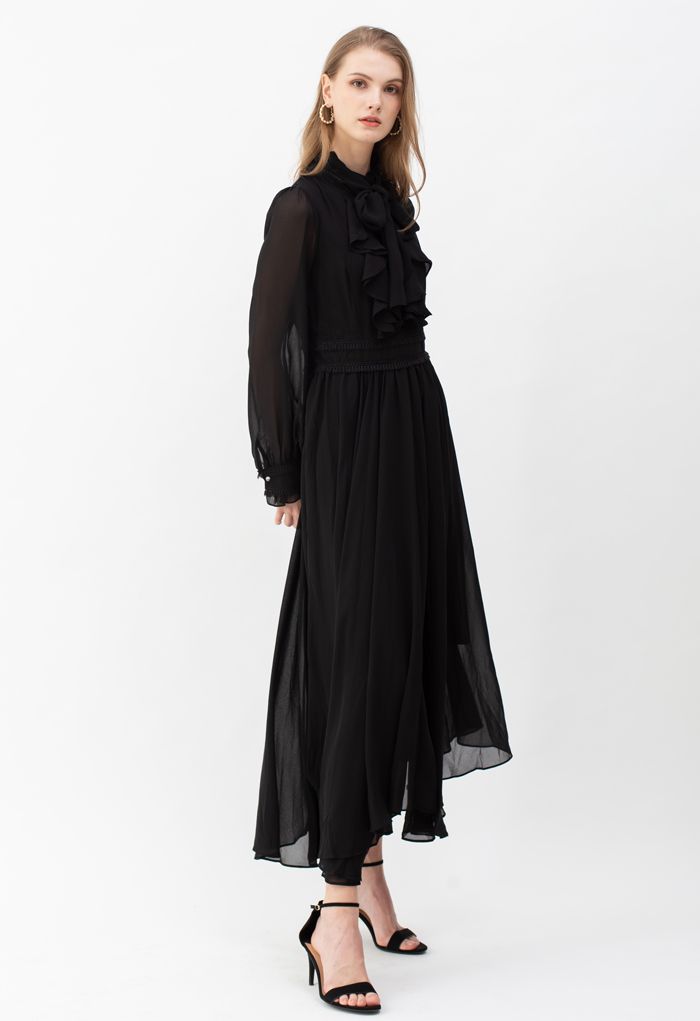 Scarf Neck Ruffle Asymmetric Maxi Dress in Black