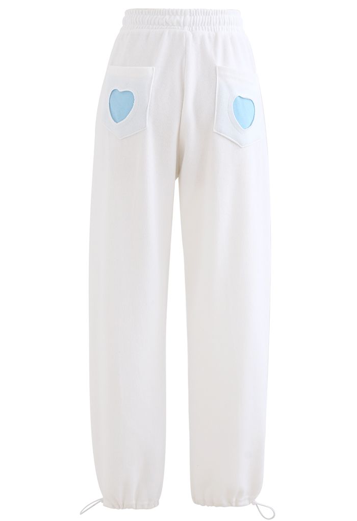 Heart Patched Pocket Drawstring Joggers in White