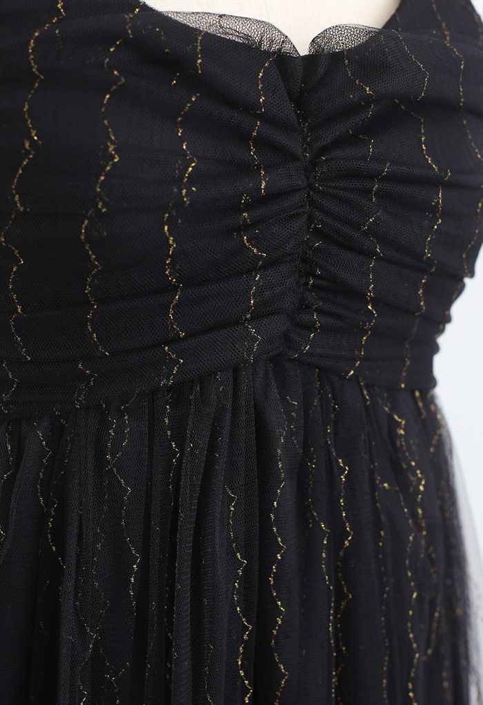 Golden Scallop Line Mesh Cami Dress in Black