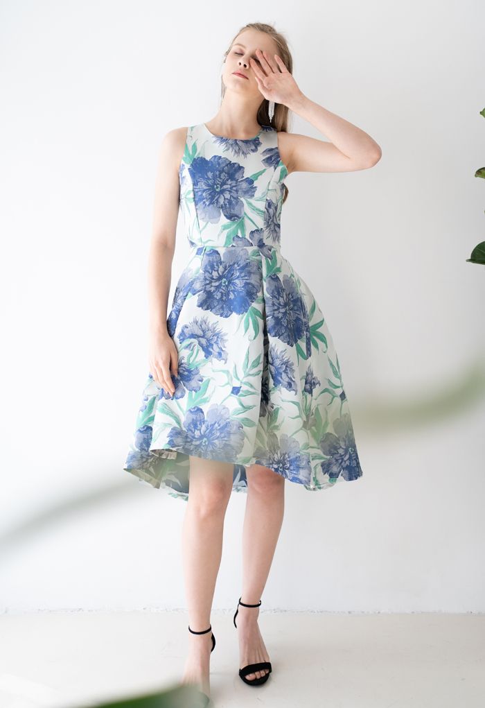 Blue Dahlia Jacquard Waterfall Sleeveless Dress