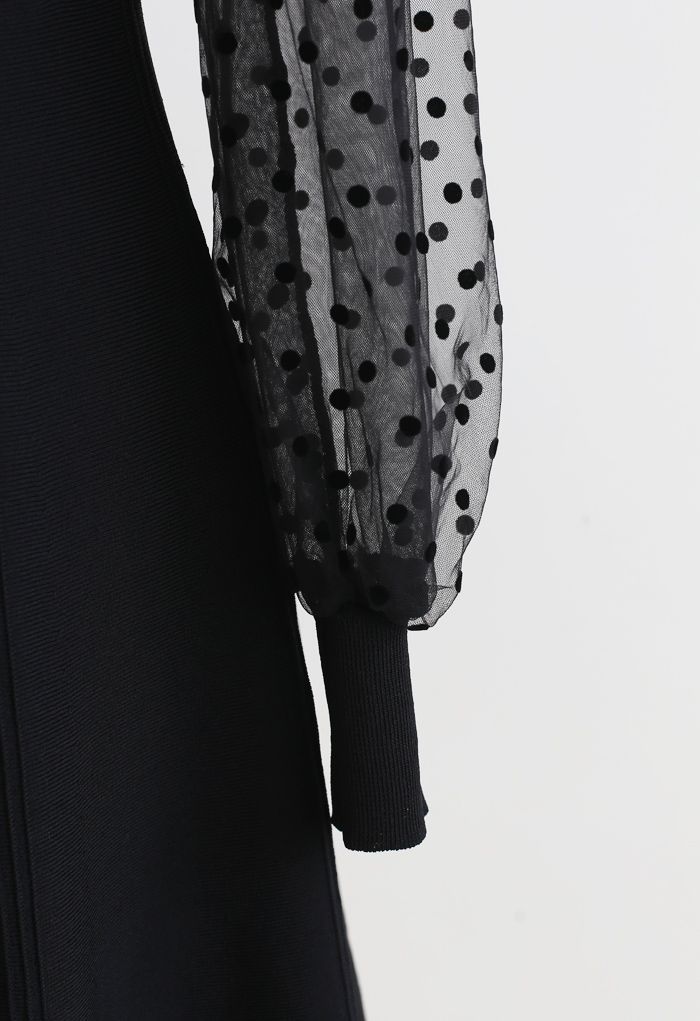 Sheer Dotted Sleeves V-Neck Knit Dress in Black