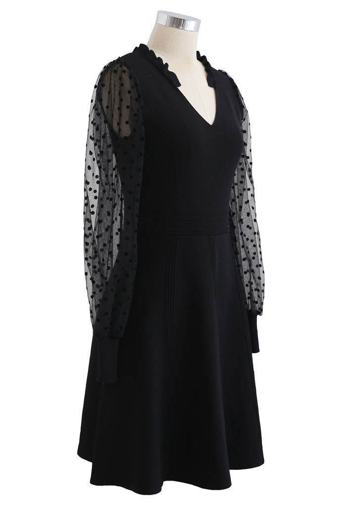 Sheer Dotted Sleeves V-Neck Knit Dress in Black