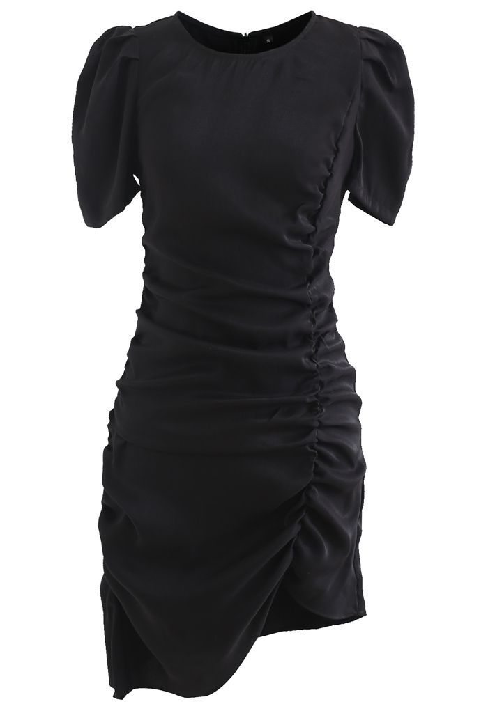 Puff Shoulder Ruched Bodycon Dress in Black