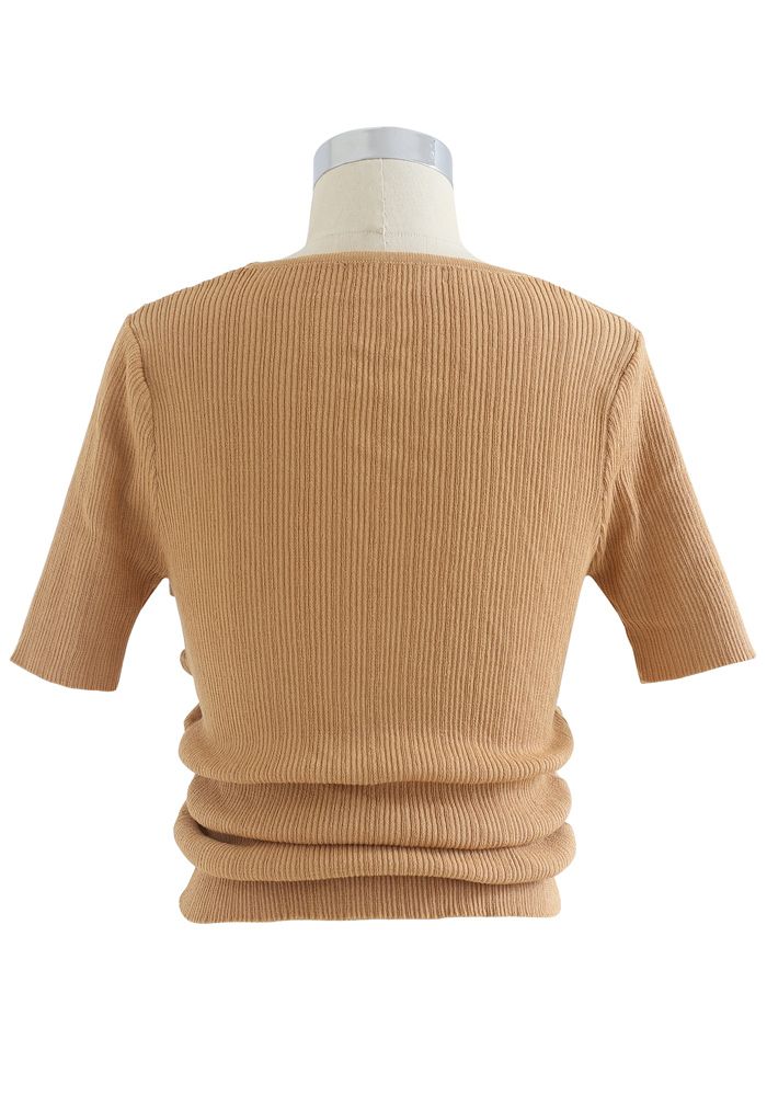 Ruched Drawstring Square Neck Knit Top in Orange