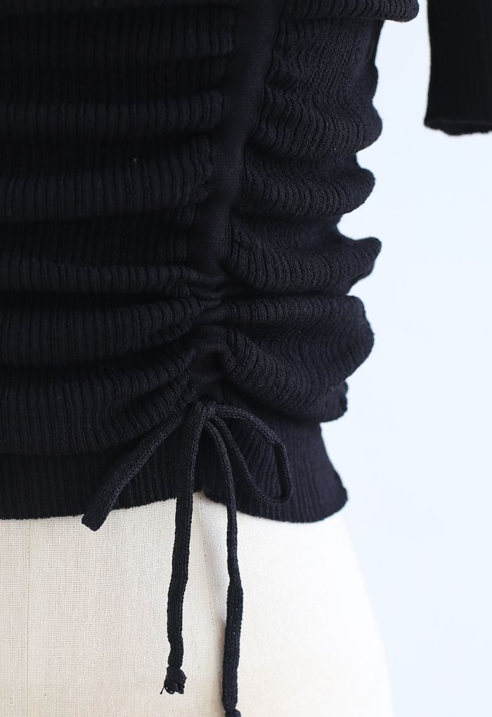 Ruched Drawstring Square Neck Knit Top in Black