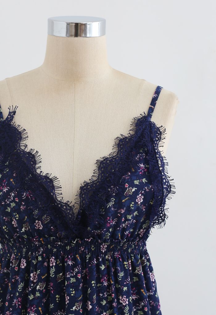 Plunging V-Neck Floret Ruffle Cami Dress in Navy
