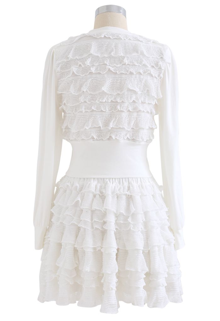 Tiered Ripple Padded Cardigan and Skirt Set in White