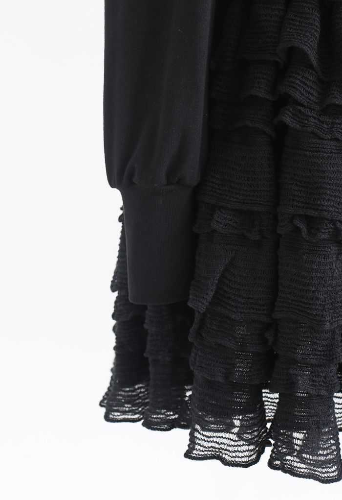 Tiered Ripple Padded Cardigan and Skirt Set in Black