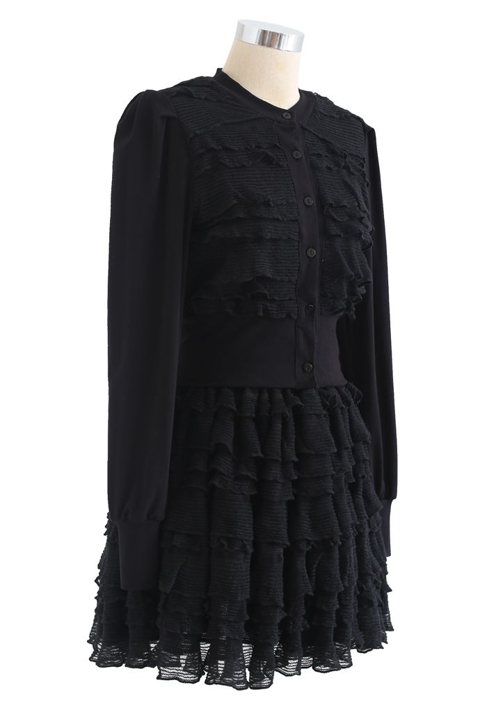 Tiered Ripple Padded Cardigan and Skirt Set in Black