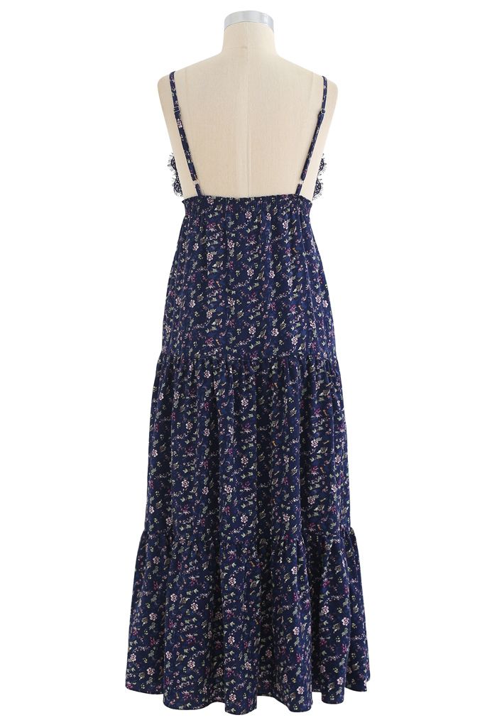 Plunging V-Neck Floret Ruffle Cami Dress in Navy