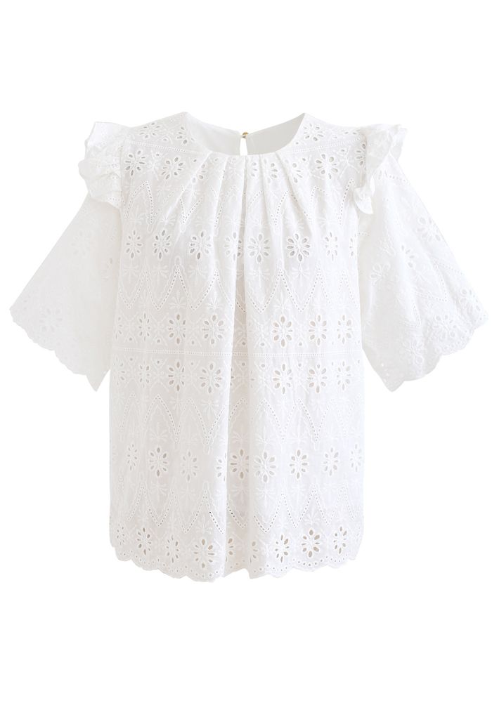 Zigzag Eyelet Floral Embroidered Short-Sleeve Top in White