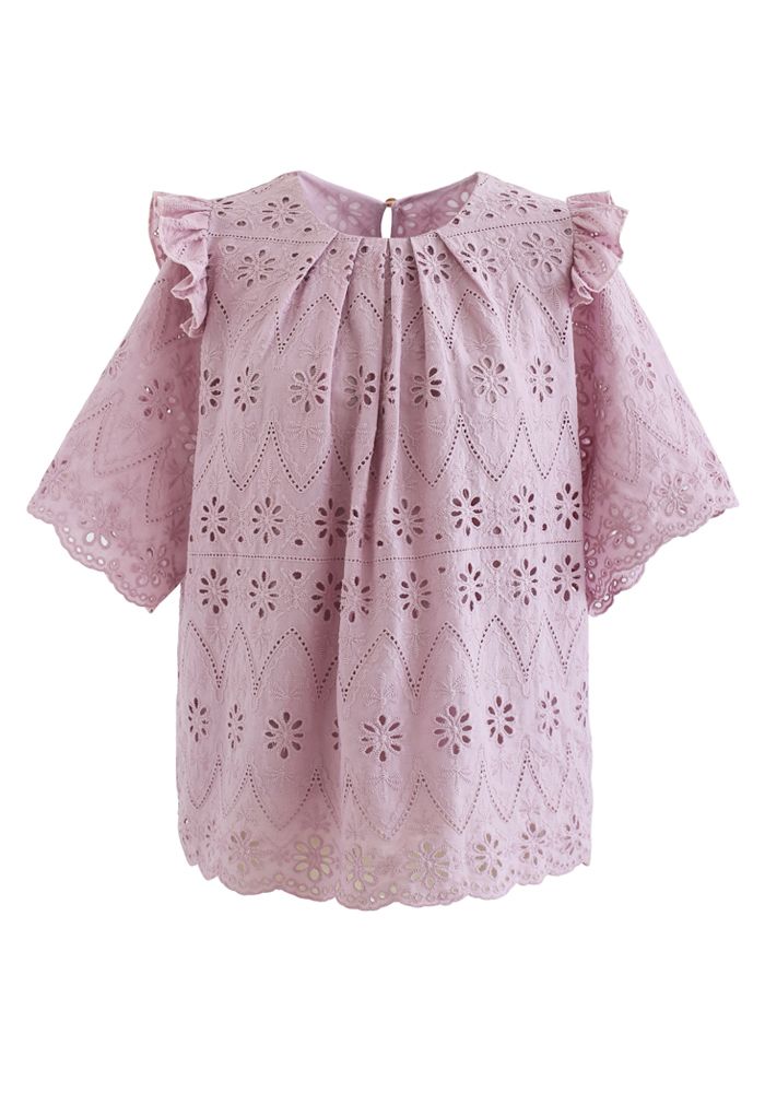 Zigzag Eyelet Floral Embroidered Short-Sleeve Top in Pink