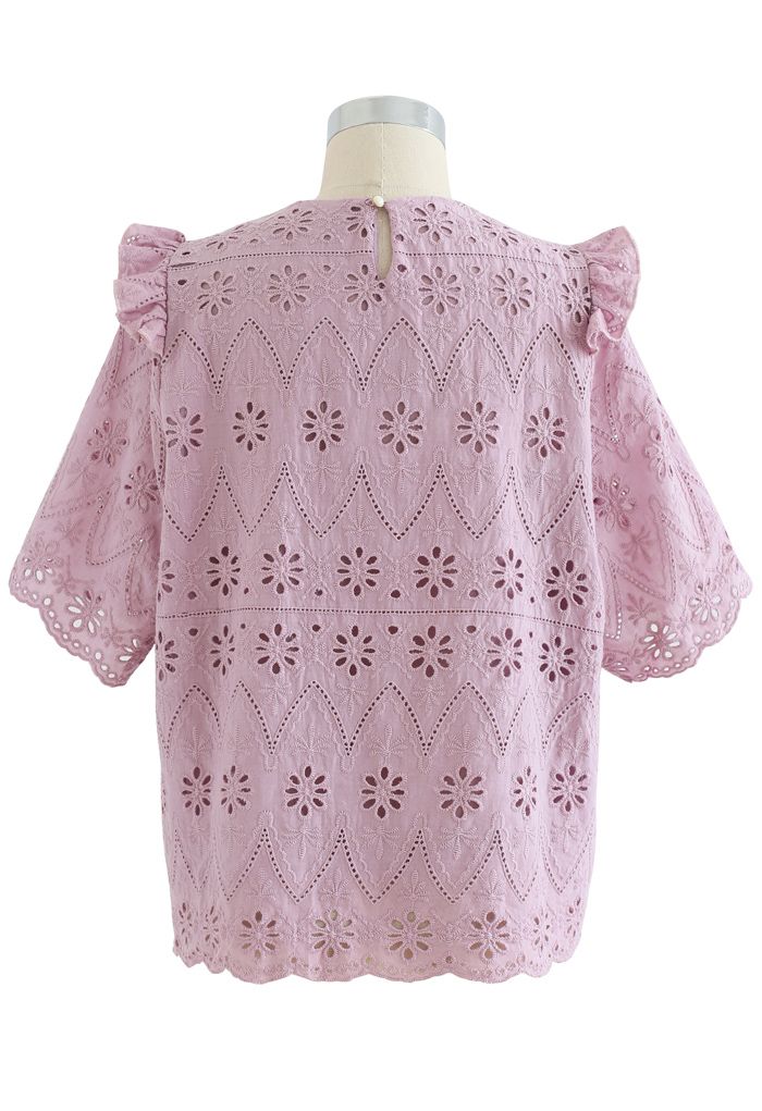 Zigzag Eyelet Floral Embroidered Short-Sleeve Top in Pink