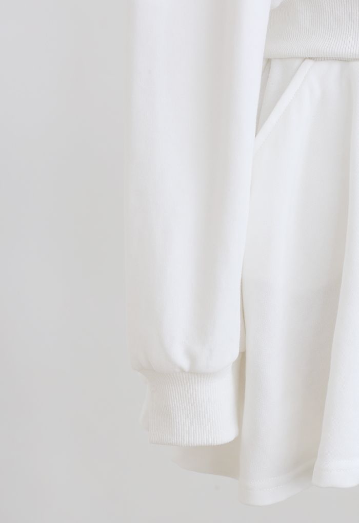 Zip Drawstring Crop Hoodie and Shorts Set in White