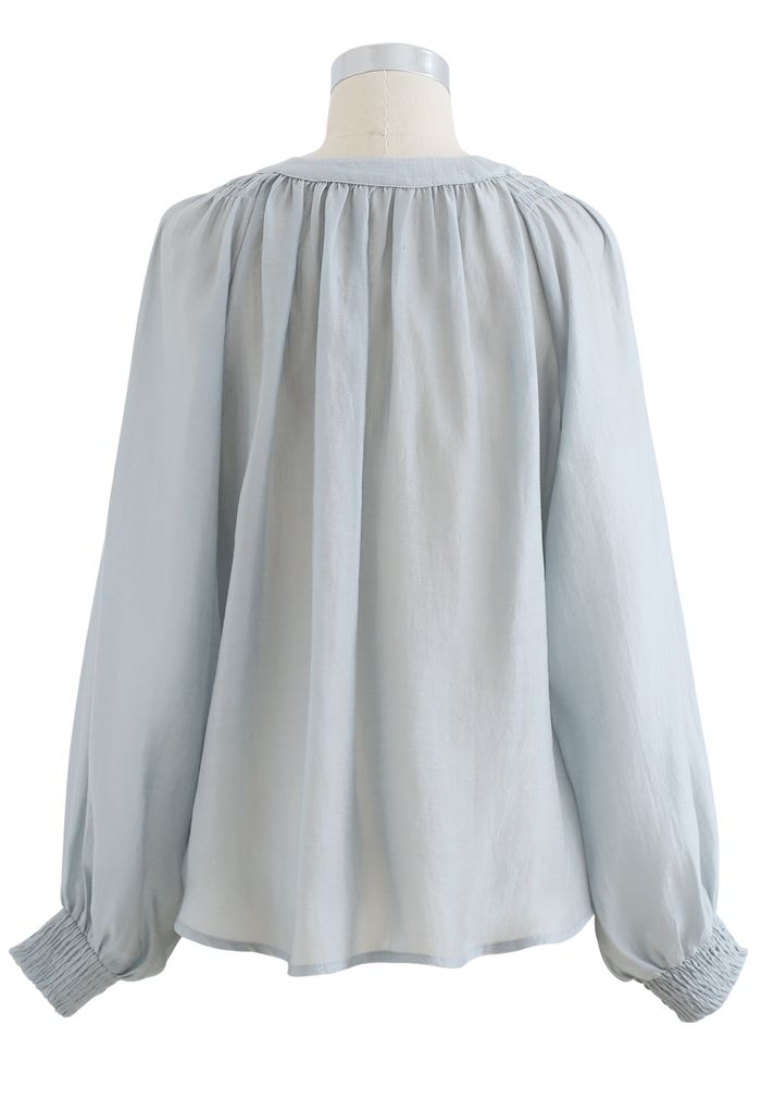 Hi-Lo Hem Buttoned Semi-Sheer Top in Dusty Blue
