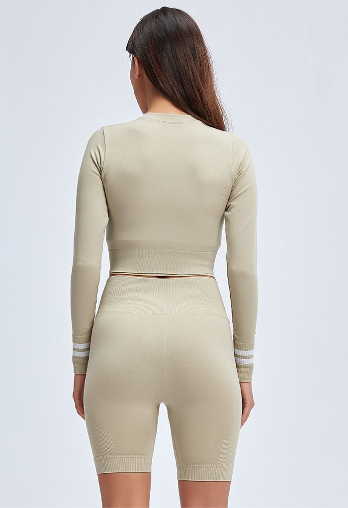 Zip Front Cropped Sports Top and Legging Shorts Set in Camel
