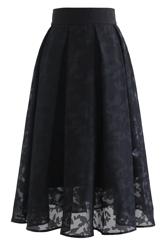 Flower Shadow Organza Pleated Skirt in Black