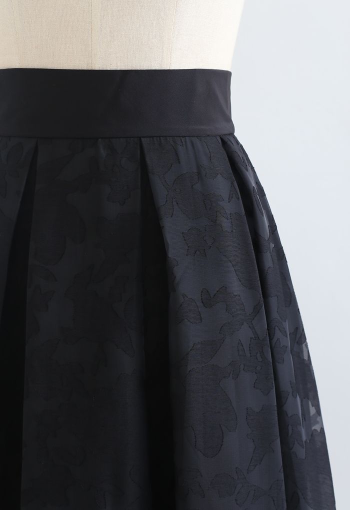 Flower Shadow Organza Pleated Skirt in Black