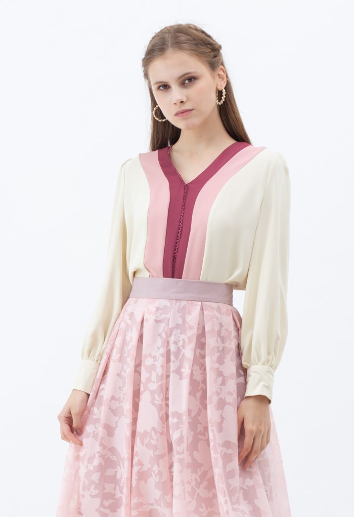 Muted Color Block V-Neck Chiffon Top