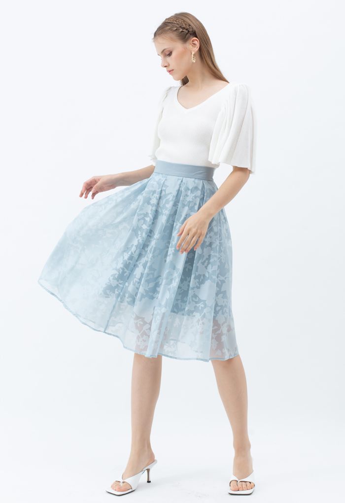 Flower Shadow Organza Pleated Skirt in Blue