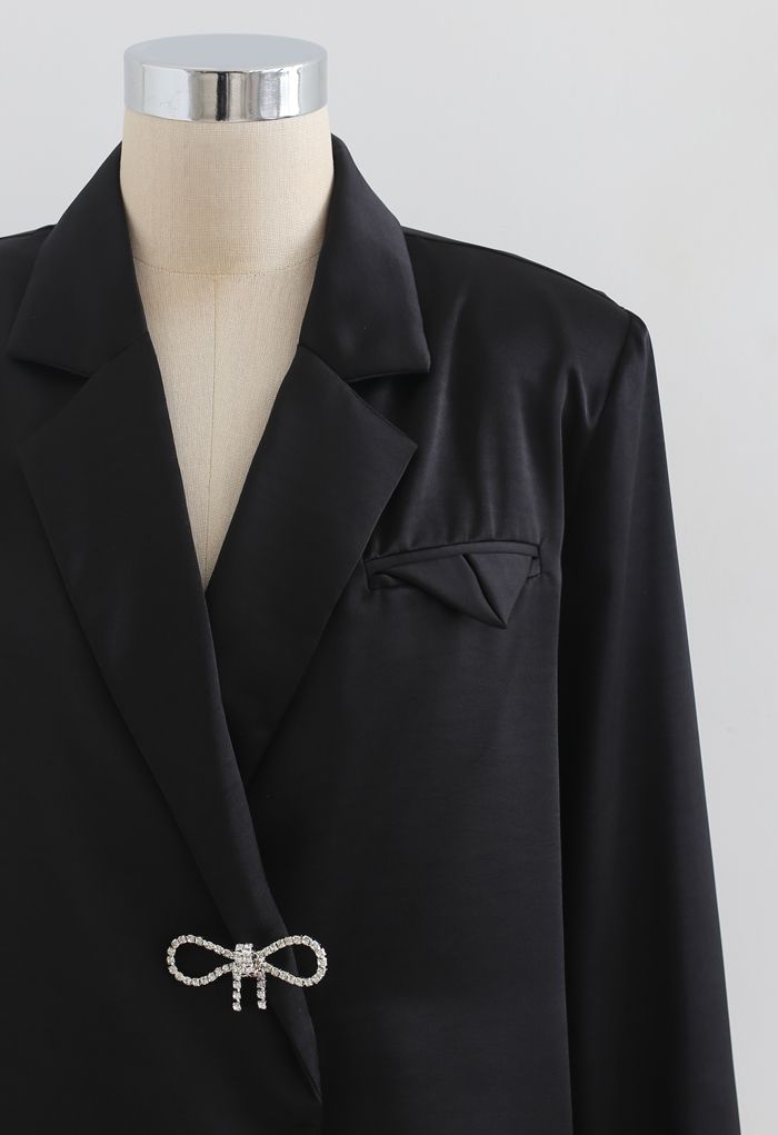 Crystal Brooch Padded Shoulder Satin Shirt in Black