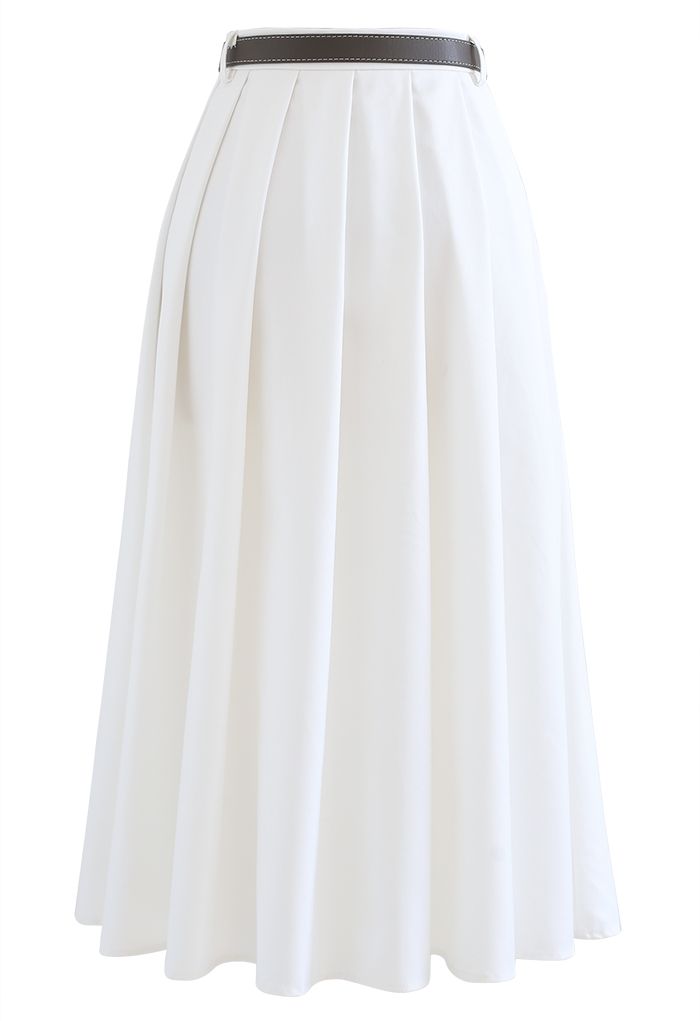 Classic Belted Pleated Midi Skirt in White