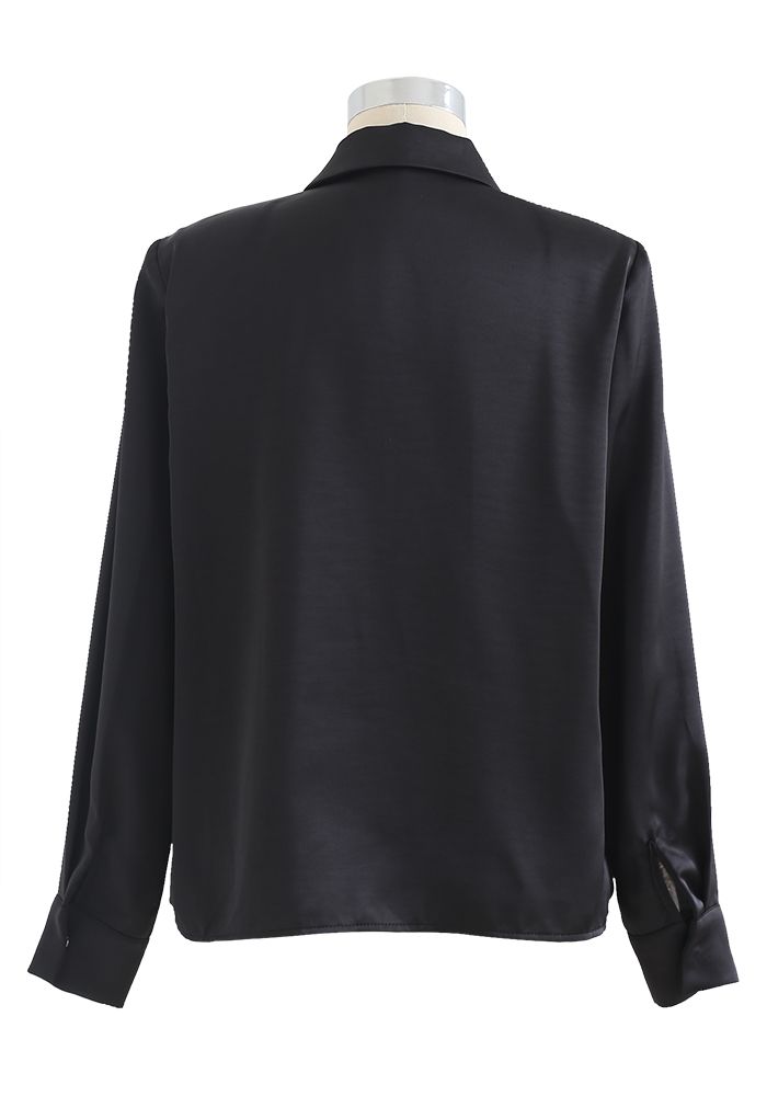 Crystal Brooch Padded Shoulder Satin Shirt in Black