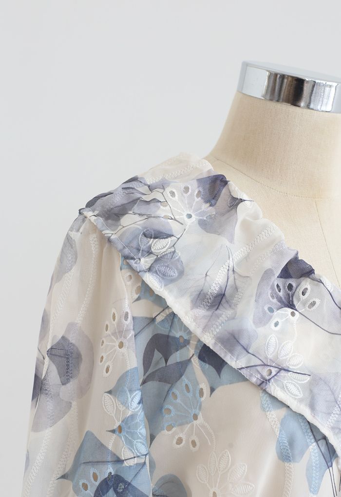 Flower Print Tie Waist Ruffle Semi-Sheer Top