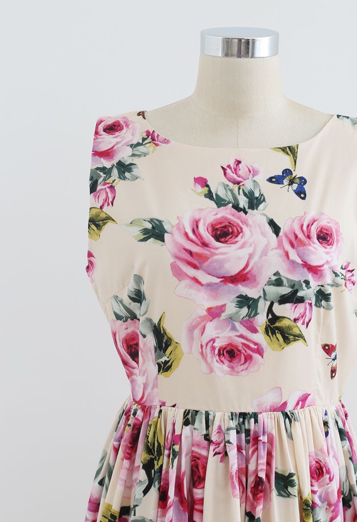 Blooming Pink Rose Printed Pleated Cotton Dress in Light Yellow