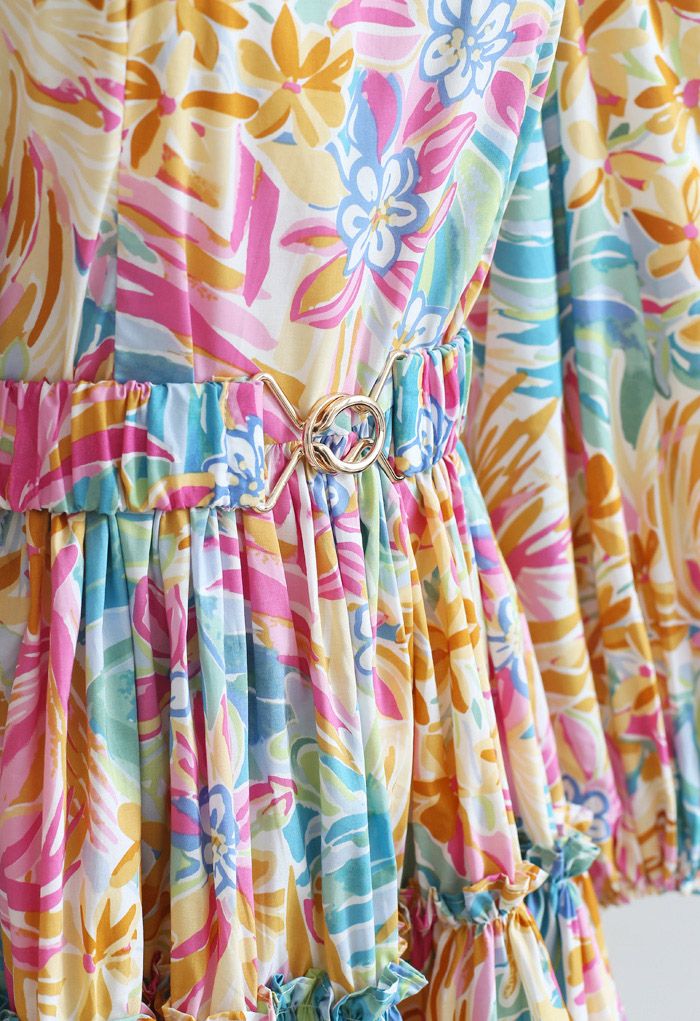 Bright Floral Printed Belted Dress 