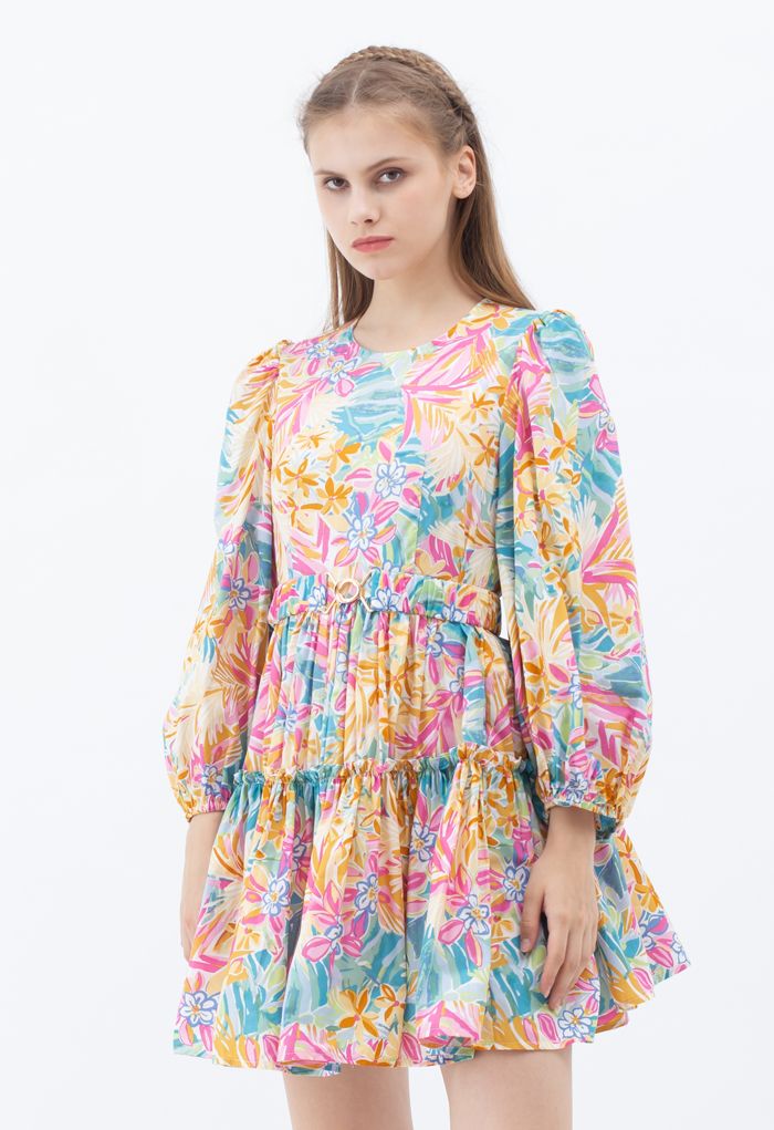 Bright Floral Printed Belted Dress 